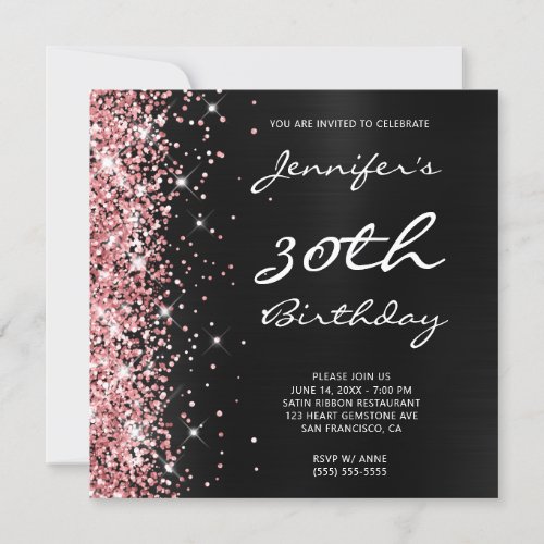 Coral Pink Glitter Black Ombre Foil 30th Birthday Invitation
