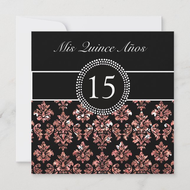 CORAL PINK GLITTER EFFECT BLACK DAMASK QUINCEANERA INVITATION (Front)