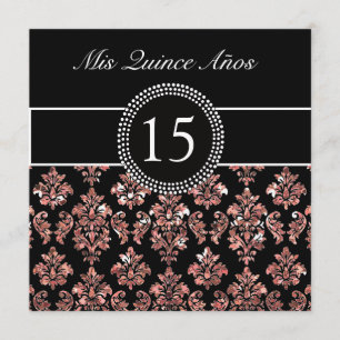 CORAL PINK GLITTER EFFECT BLACK DAMASK QUINCEANERA INVITATION