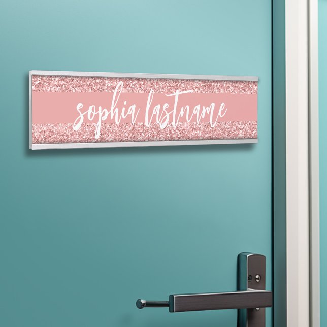 Coral Pink Glitter Pattern Script Signature Door Sign (Personalized Door Sign - Add Your Logo and Professional Title with Name)