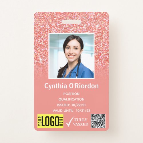 Coral Pink Glitter Photo ID QR Barcode Badge