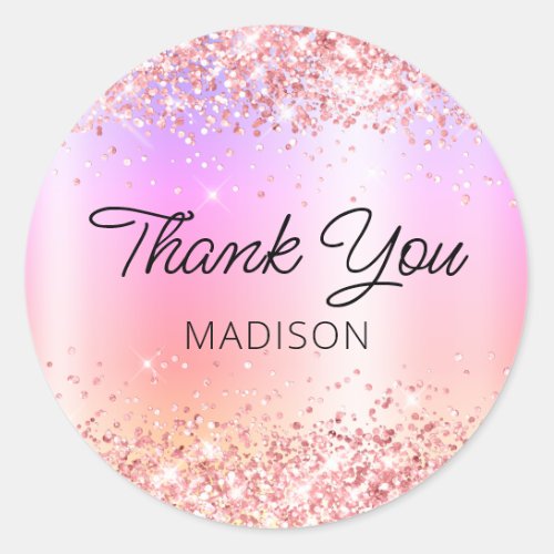 Coral Pink Glitter Rainbow Shimmer Thank You Classic Round Sticker
