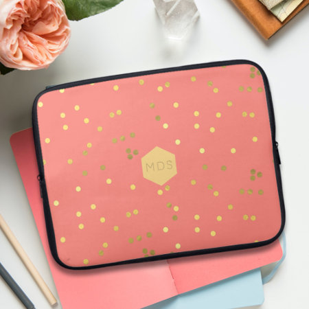 Coral Pink Gold Foil Confetti Sprinkles Monogram Laptop Sleeve