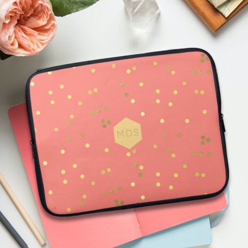 Coral Pink Gold Foil Confetti Sprinkles Monogram Laptop Sleeve