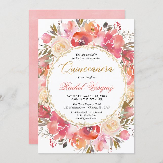 Coral pink gold garden theme Quinceanera Invitation (Front/Back)