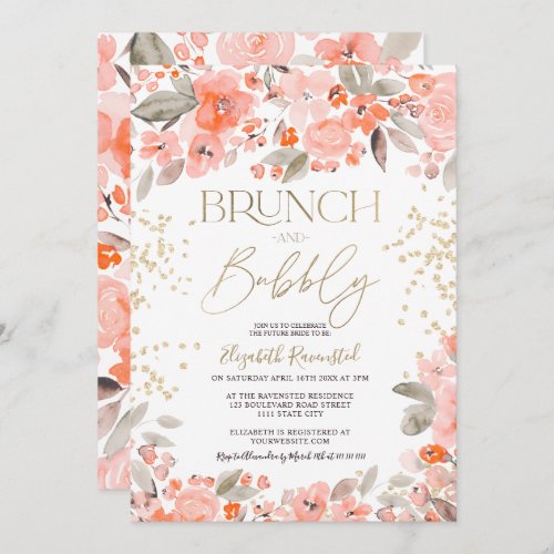 Coral pink gold glitter floral chic bridal shower invitation