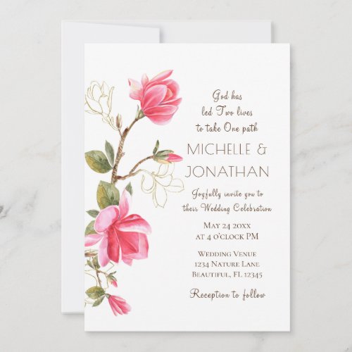 Coral Pink Gold Magnolia Floral Christian Wedding Invitation