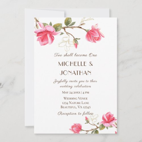 Coral Pink Gold Magnolia Floral Christian Wedding Invitation
