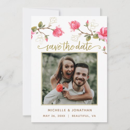 Coral Pink Gold Magnolia Floral PHOTO Save The Date