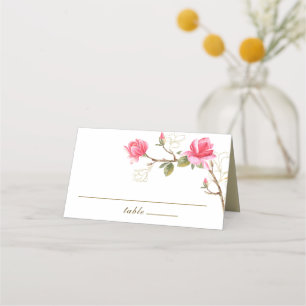 Coral Pink Gold Magnolia Floral Watercolor Wedding Place Card