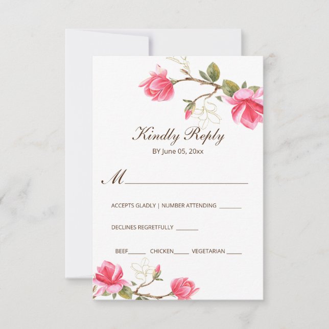 Coral Pink Gold Magnolia Floral Watercolor Wedding RSVP Card (Front)