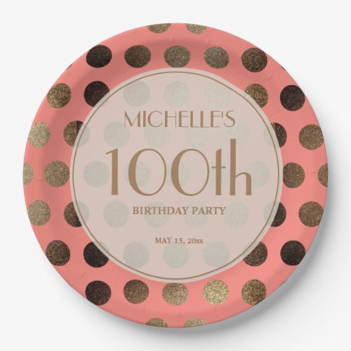 Coral Pink Gold Polka Dots 100th Birthday Party Paper Plates