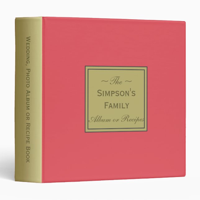 Coral Pink & Gold Unique Photo Album, Recipes Book 3 Ring Binder (Front/Spine)