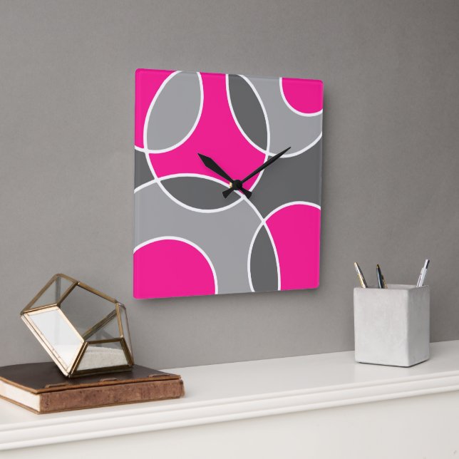 Coral Pink Gray Abstract Circles  Square Wall Clock (Office)