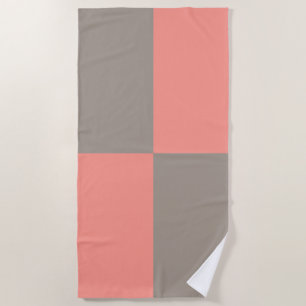 Coral Pink Gray Checker Pattern Beach Towel