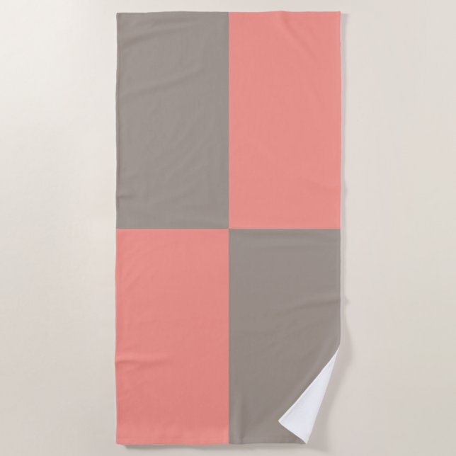 Coral Pink Gray Checker Pattern Beach Towel (Front)