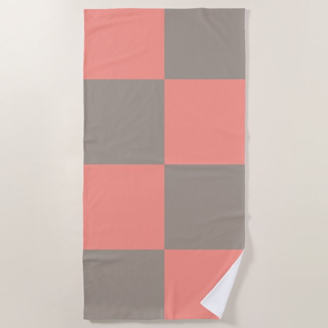 Coral Pink Gray Checker Pattern Beach Towel (Front)