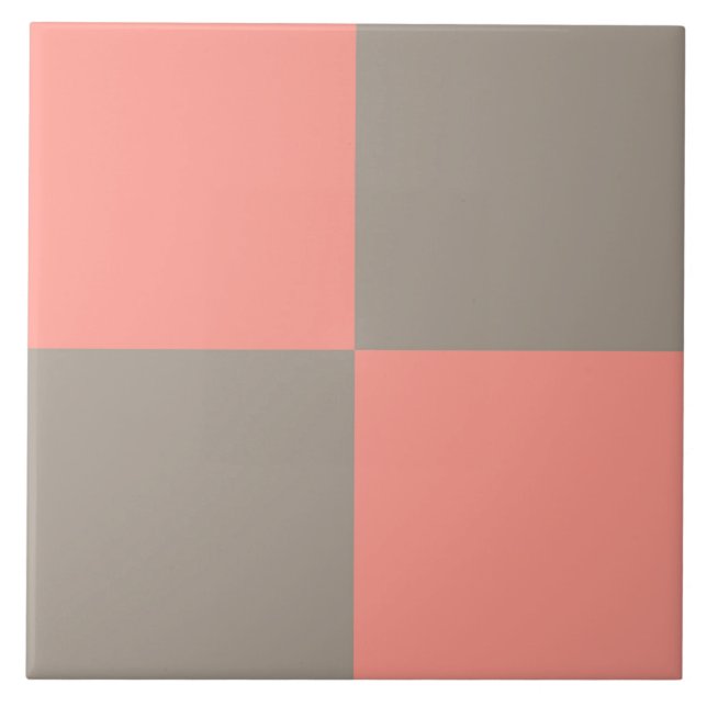 Coral Pink Gray Checker Pattern Ceramic Tile (Front)