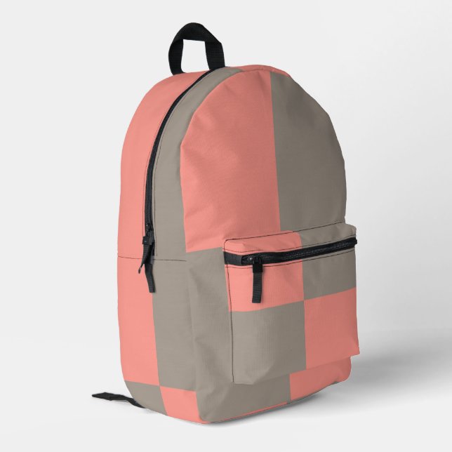 Coral Pink Gray Checker Pattern Printed Backpack (Back Corner Left)