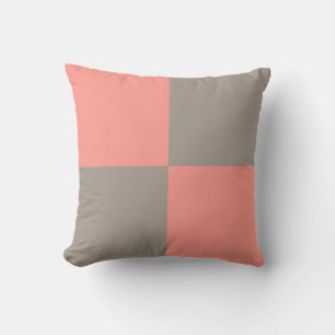 Coral Pink Gray Checker Pattern Throw Pillow