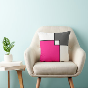 Coral Pink Gray White Squares Throw Pillow