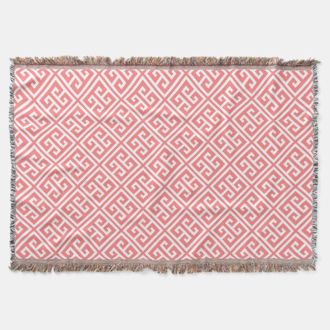 Coral Pink Greek Key Pattern Throw Blanket (Front)