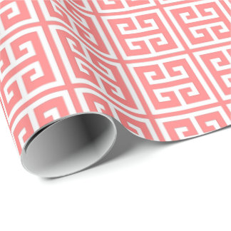 Coral Pink Greek Key Pattern Wrapping Paper