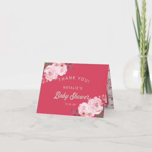 Coral Pink  Green Floral Baby Shower Thank You Note Card