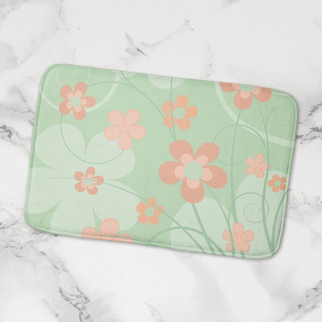Coral pink Green Flowers Simple cute Spring Floral Bath Mat (Creator Uploaded)