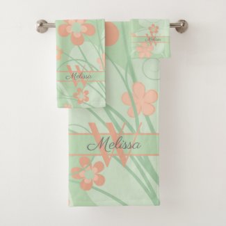 Coral pink Green Flowers Spring Floral Monogram