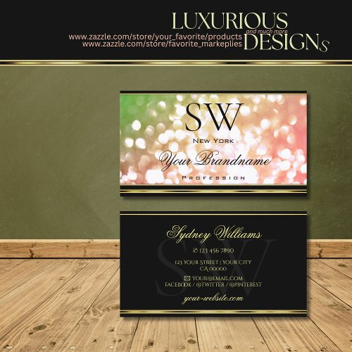 Coral Pink Green Ombre Glitter Monogram Gold Black Business Card