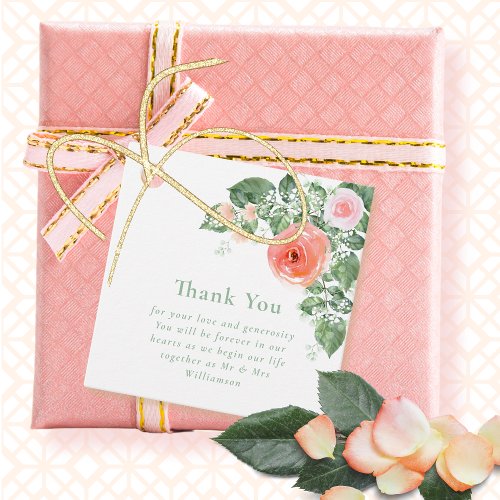 Coral Pink Green Stylish Roses Wedding Thank You   Favor Tags