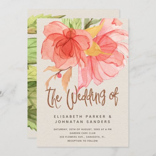 Coral pink green summer watercolor floral wedding invitation