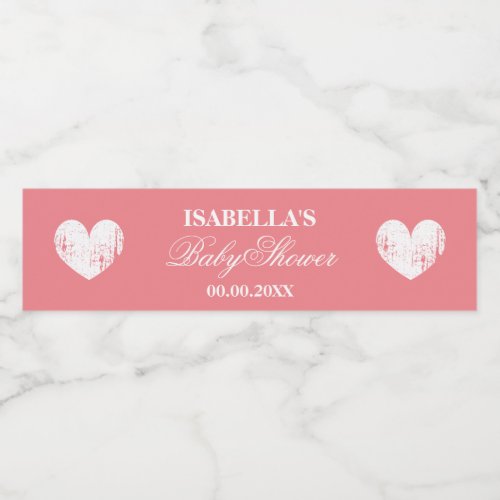 Coral pink heart personalized girls baby shower water bottle label