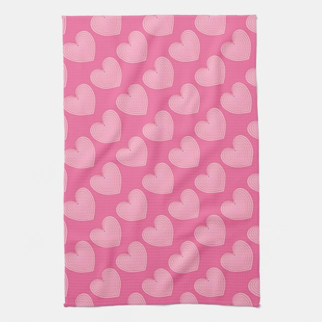 Coral pink hearts, deeper pink background kitchen towel (Vertical)