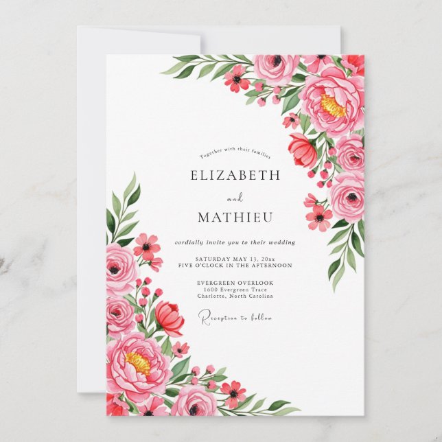 Coral Pink Heavenly Peony Wedding Invitation (Front)