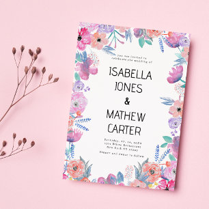 Coral Pink Lavender Blue Watercolor Floral Wedding Invitation