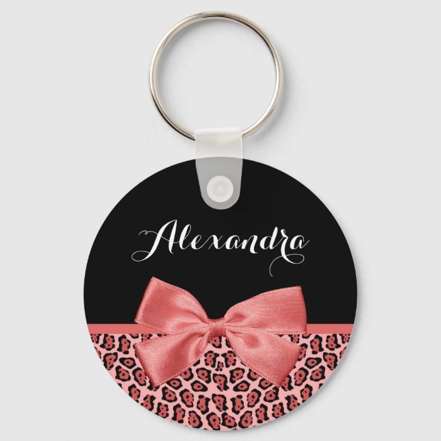 Coral Pink Leopard Bow Keychain (Front)