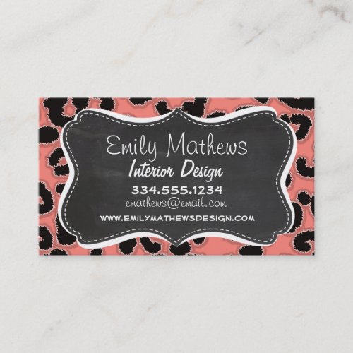 Coral Pink Leopard Print; Chalkboard look Business Card Templates