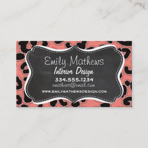 Customizable Coral Pink Leopard Print; Chalkboard look Business Card Templates