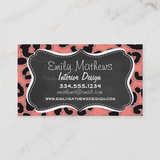Coral Pink Leopard Print; Chalkboard look Business Card (Front)