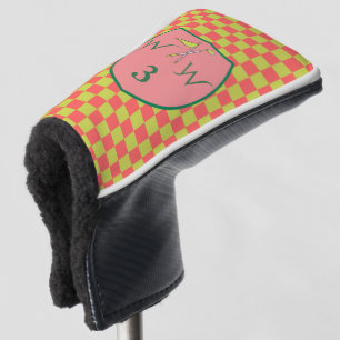 Coral Pink & Lime Green Checkered Monogram Golf Head Cover