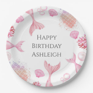 Coral Pink Mermaid Themed Birthday Party Paper Plates