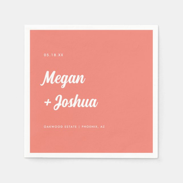 Coral Pink Minimalistic Script Wedding Napkins (Front)