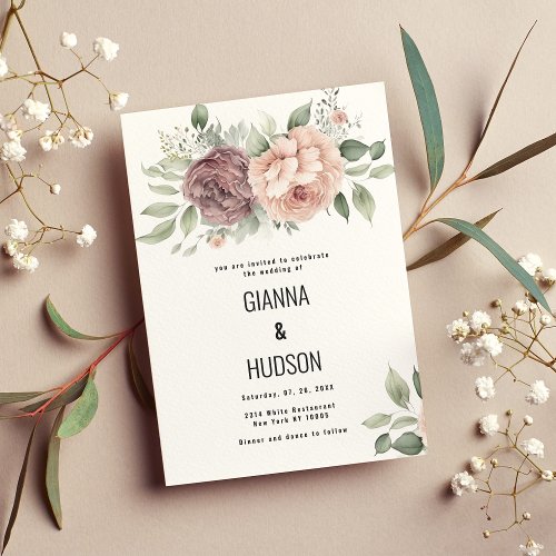 Coral pink mint green leaves flowers wedding invitation