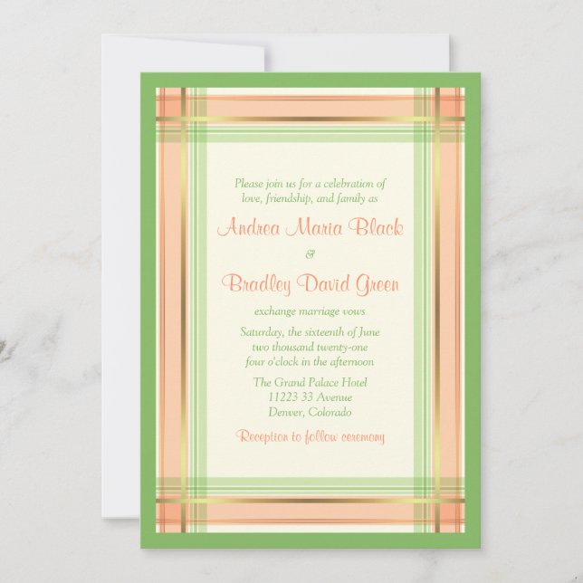 Coral Pink  Mint Green Plaid Wedding Invitation (Front)