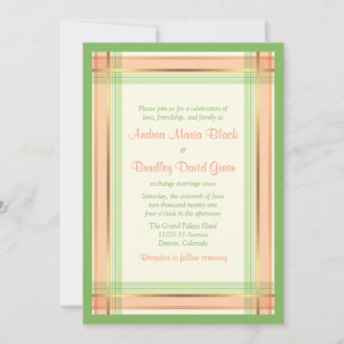 Coral Pink  Mint Green Plaid Wedding Invitation