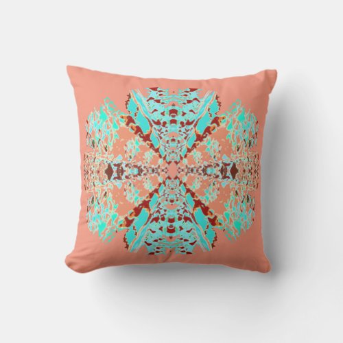 Coral Pink Mint Shades Mandala on Coral Throw Pillow