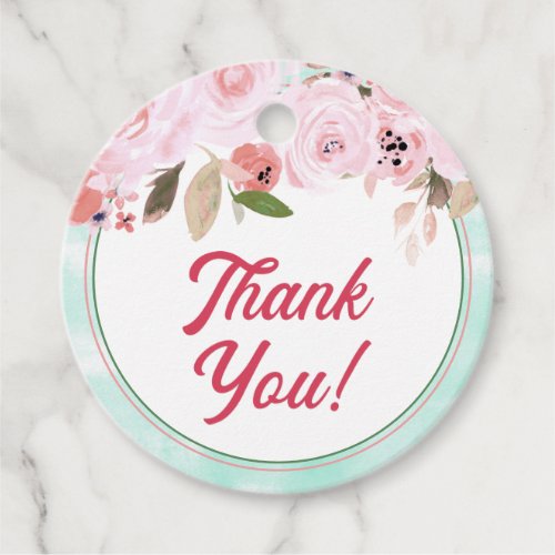 Coral Pink  Mint Watercolor Floral Thank You Favor Tags