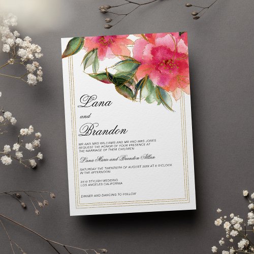 Coral pink mint white gold glitter floral wedding invitation